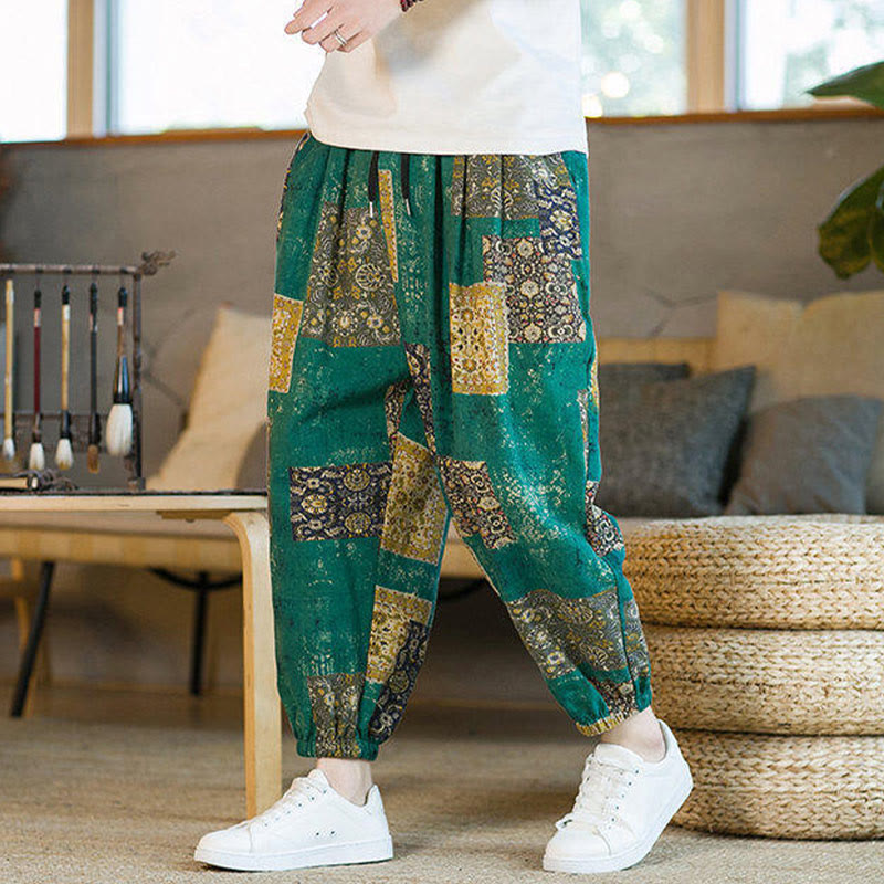 Pantalones harén de lino y algodón con diseño de patchwork cuadrado de verano Buddha Stones para hombre, hasta el tobillo, con bolsillos - image 20