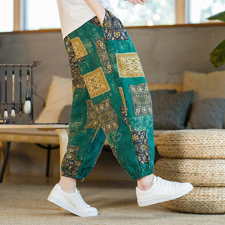Pantalones harem para hombre hasta el tobillo con bolsillos, estampado de patchwork cuadrado y Buddha Stones para el verano. - image 24