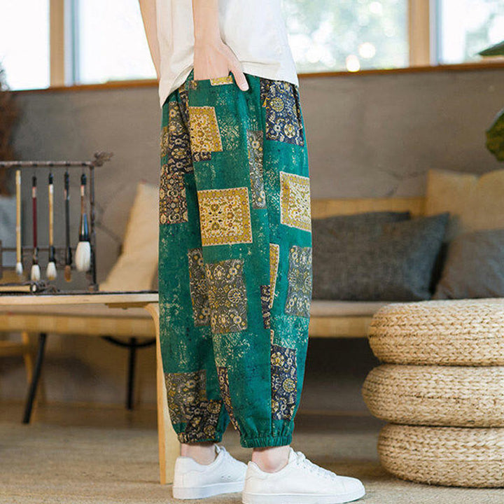 Pantalones harén de lino y algodón con diseño de patchwork cuadrado de verano Buddha Stones para hombre, hasta el tobillo, con bolsillos - image 21