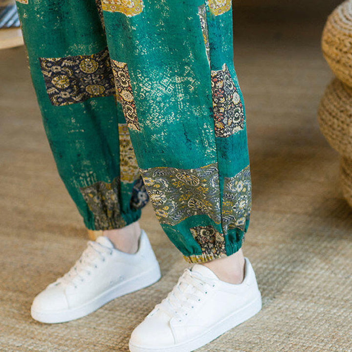 Pantalones harén de lino y algodón con diseño de patchwork cuadrado de verano Buddha Stones para hombre, hasta el tobillo, con bolsillos - image 28