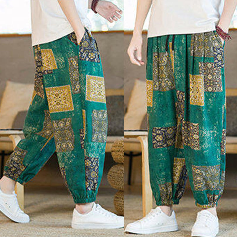 Pantalones harem para hombre hasta el tobillo con bolsillos, estampado de patchwork cuadrado y Buddha Stones para el verano. - image 30
