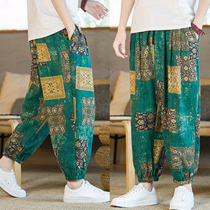 Pantalones harem para hombre hasta el tobillo con bolsillos, estampado de patchwork cuadrado y Buddha Stones para el verano. - image 30
