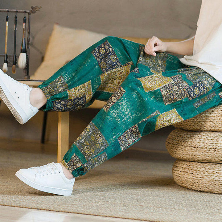 Pantalones harem para hombre hasta el tobillo con bolsillos, estampado de patchwork cuadrado y Buddha Stones para el verano. - image 29