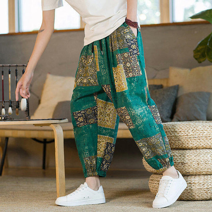 Pantalones harén de lino y algodón con diseño de patchwork cuadrado de verano Buddha Stones para hombre, hasta el tobillo, con bolsillos - image 22