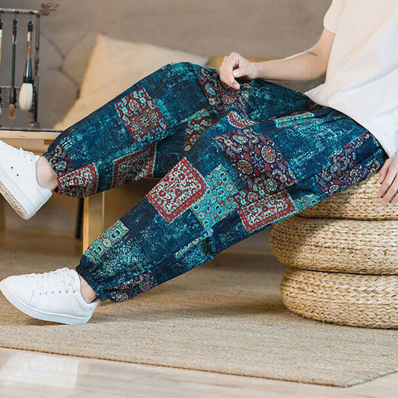 Pantalones harem para hombre hasta el tobillo con bolsillos, estampado de patchwork cuadrado y Buddha Stones para el verano. - image 39