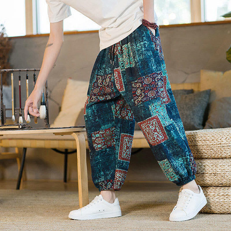 Pantalones harem para hombre hasta el tobillo con bolsillos, estampado de patchwork cuadrado y Buddha Stones para el verano. - image 36