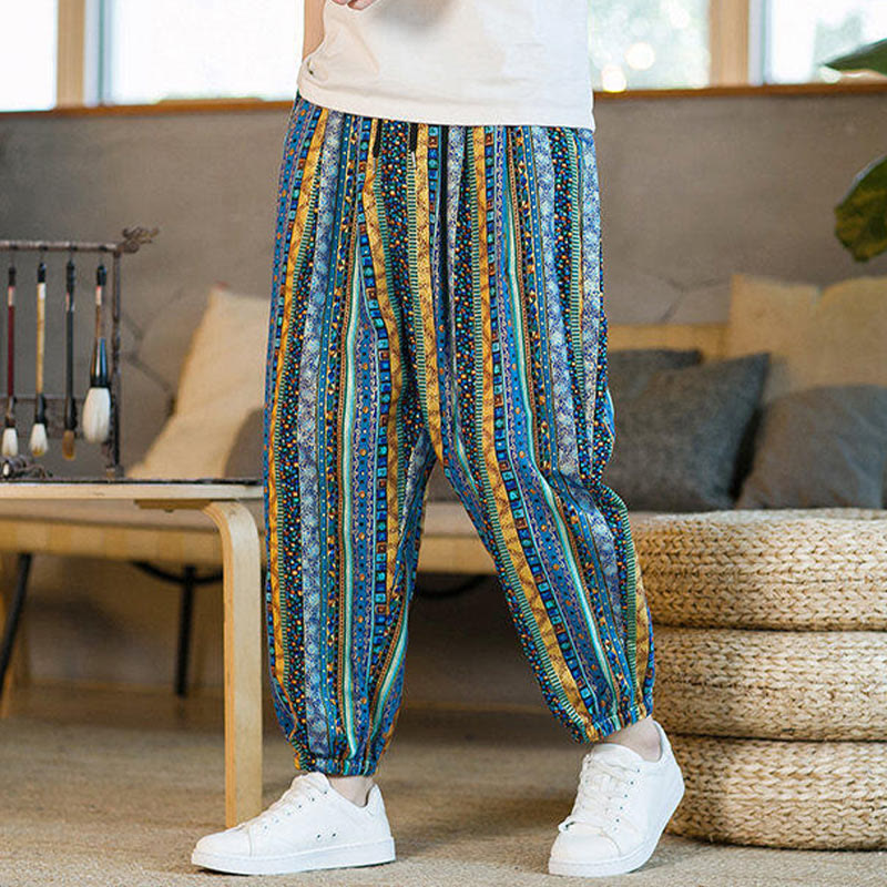 Pantalones harén de lino y algodón con rayas de colores de Buddha Stones para hombre, hasta el tobillo, con bolsillos - image 5