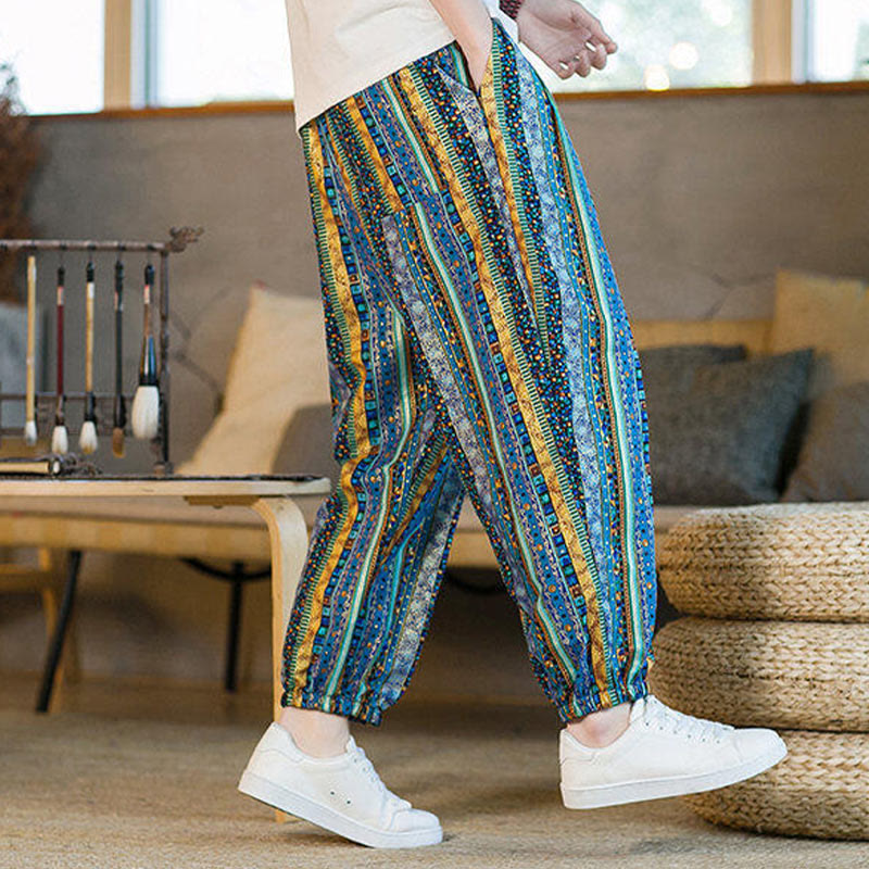 Pantalones harén de lino y algodón con rayas de colores de Buddha Stones para hombre, hasta el tobillo, con bolsillos - image 7