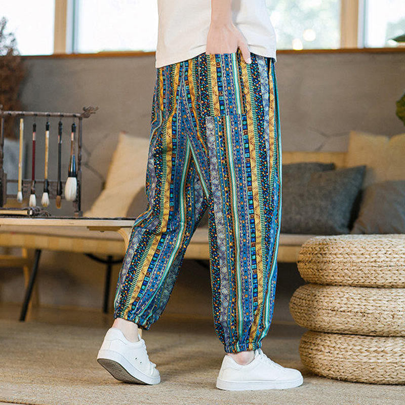 Pantalones harén de lino y algodón con rayas de colores de Buddha Stones para hombre, hasta el tobillo, con bolsillos - image 4
