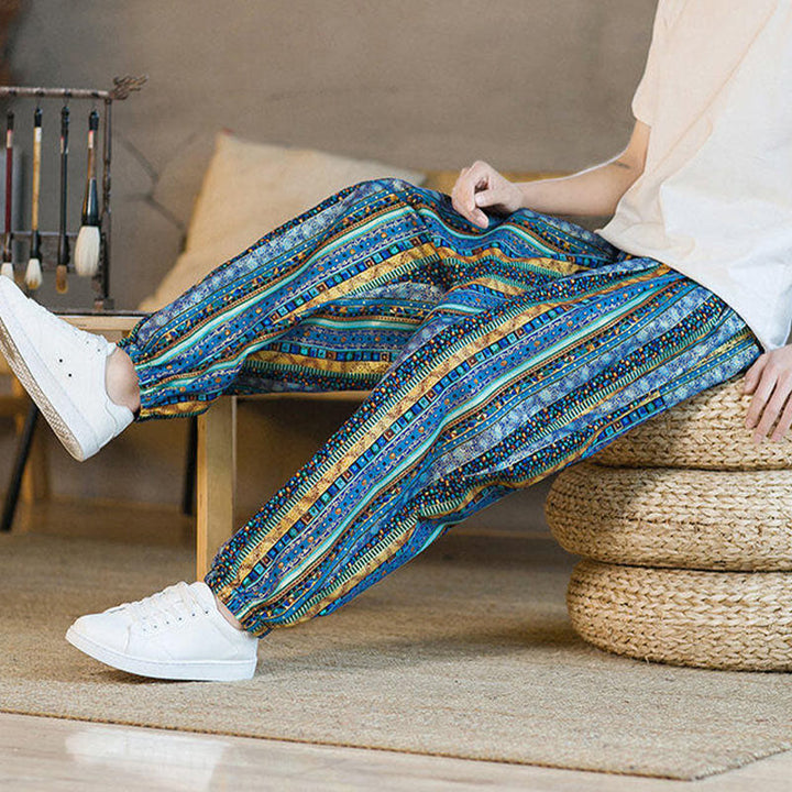 Pantalones harén de lino y algodón con rayas de colores de Buddha Stones para hombre, hasta el tobillo, con bolsillos - image 8