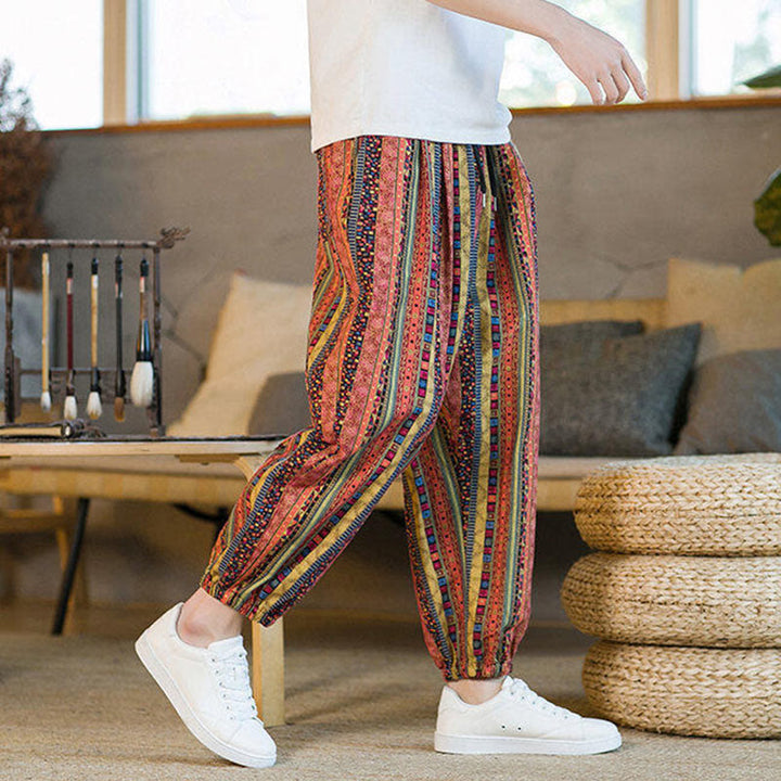 Pantalones harén de lino y algodón con rayas de colores de Buddha Stones para hombre, hasta el tobillo, con bolsillos - image 14