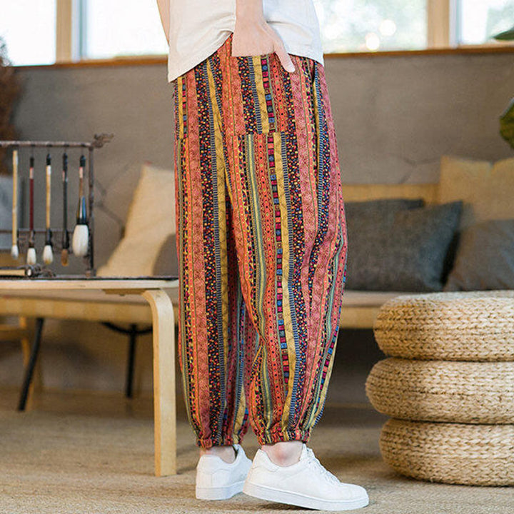Pantalones harén de lino y algodón con rayas de colores de Buddha Stones para hombre, hasta el tobillo, con bolsillos - image 13