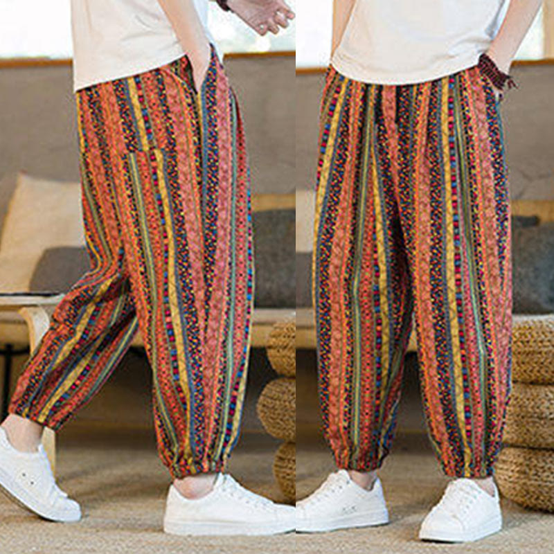Pantalones harén de lino y algodón con rayas de colores de Buddha Stones para hombre, hasta el tobillo, con bolsillos - image 17