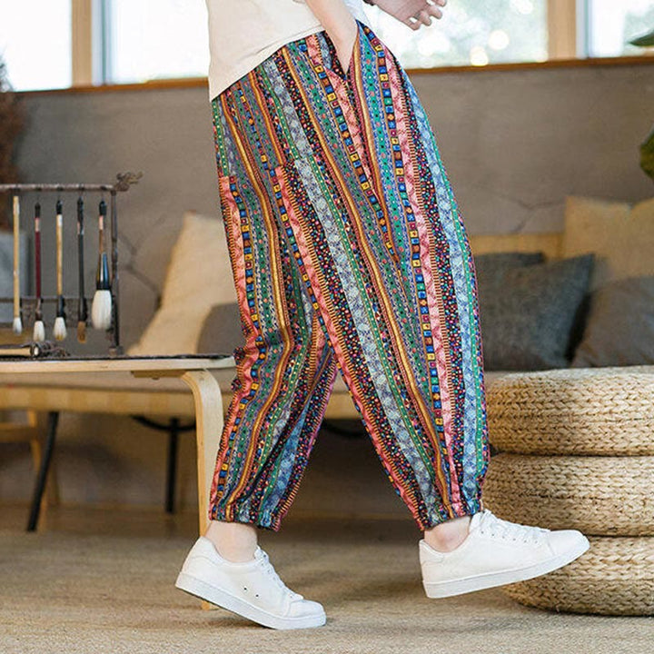 Pantalones harén de lino y algodón con rayas de colores de Buddha Stones para hombre, hasta el tobillo, con bolsillos - image 25