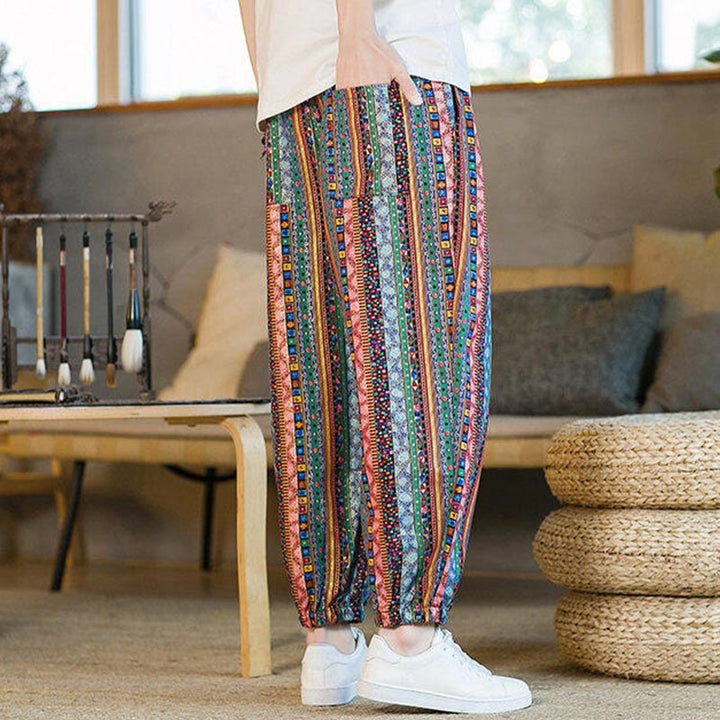 Pantalones harén de lino y algodón con rayas de colores de Buddha Stones para hombre, hasta el tobillo, con bolsillos - image 22