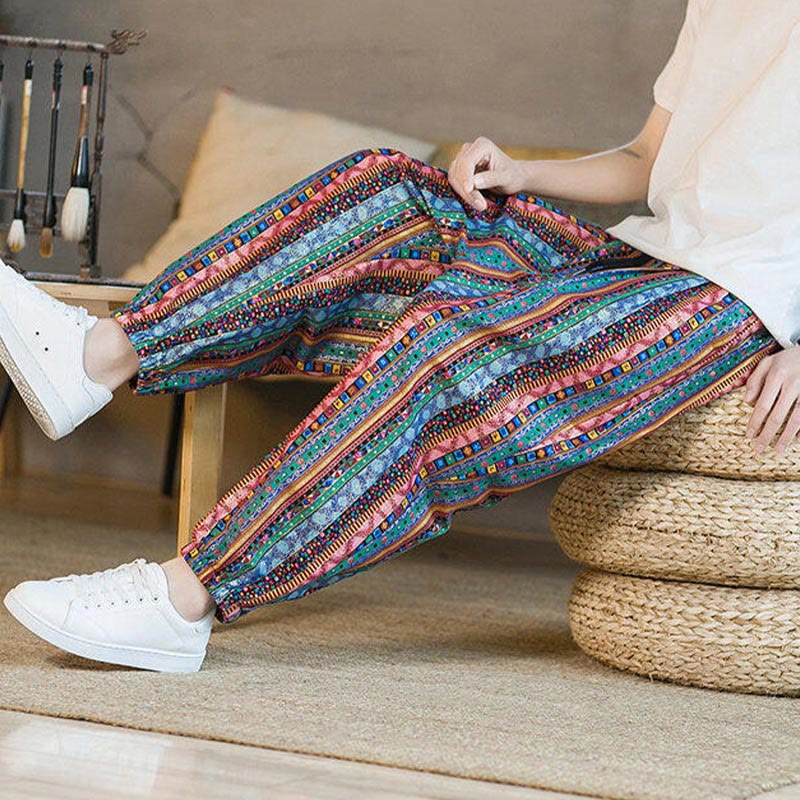 Pantalones harén de lino y algodón con rayas de colores de Buddha Stones para hombre, hasta el tobillo, con bolsillos - image 26