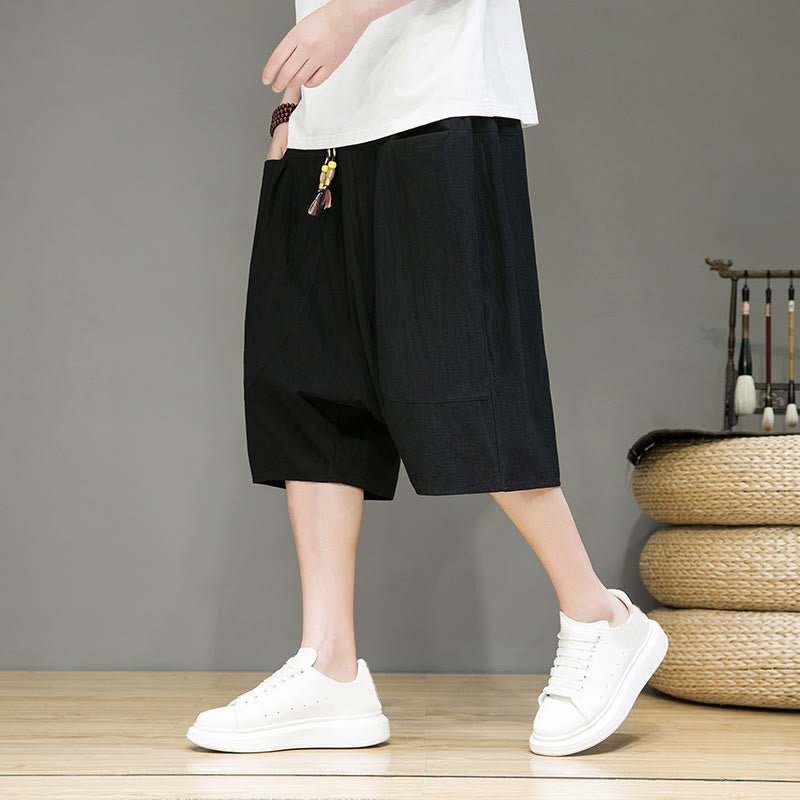 Pantalones capri estilo harén de algodón y lino con cordón ajustable para hombre, estilo casual, con bolsillos, de Buddha Stones - Negro - US/UK/AU46, EU56 (5XL) - image 13