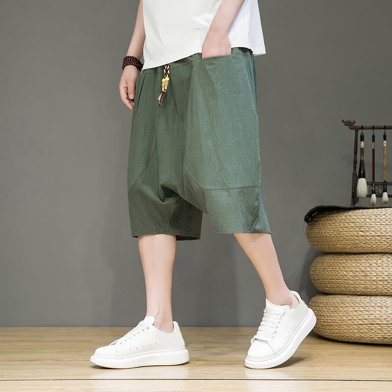 Pantalones capri estilo harén de algodón y lino con cordón ajustable para hombre, estilo casual, con bolsillos, de Buddha Stones - Verde mar oscuro - US/UK/AU46, EU56 (5XL) - image 21