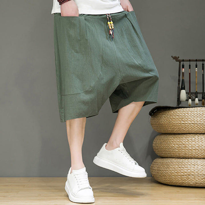 Pantalones capri estilo harén de algodón y lino con cordón ajustable para hombre, estilo casual, con bolsillos, de Buddha Stones - image 27