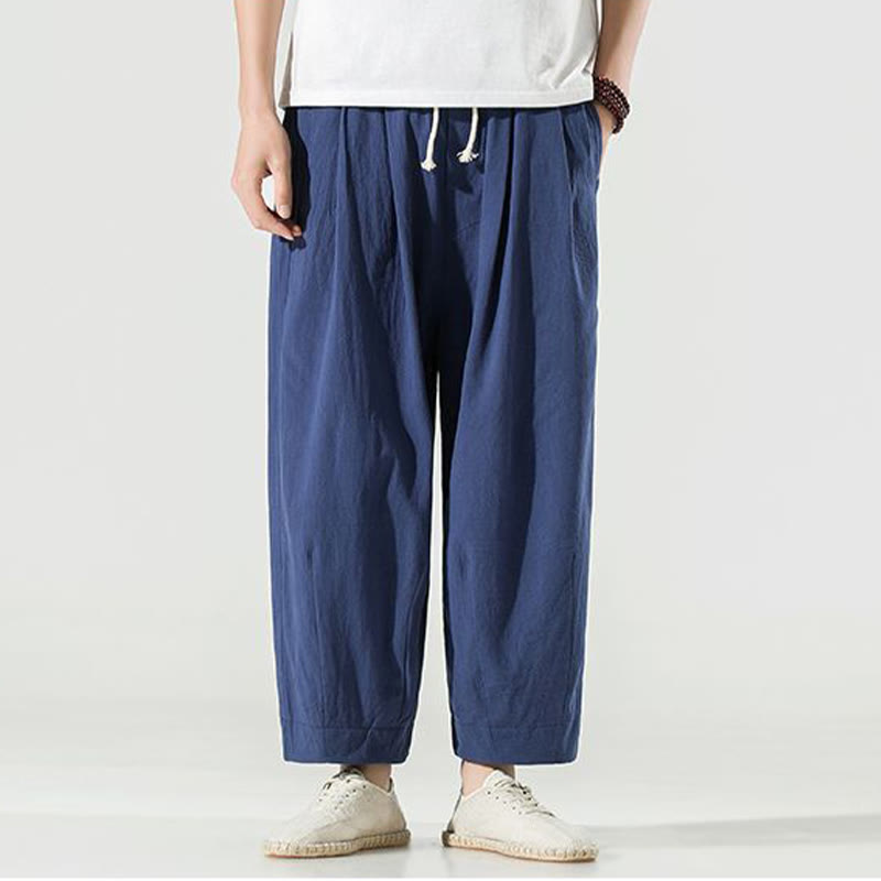Pantalones harén de lino y algodón de color liso con diseño de Buddha Stones para hombre, hasta el tobillo, con bolsillos - image 1