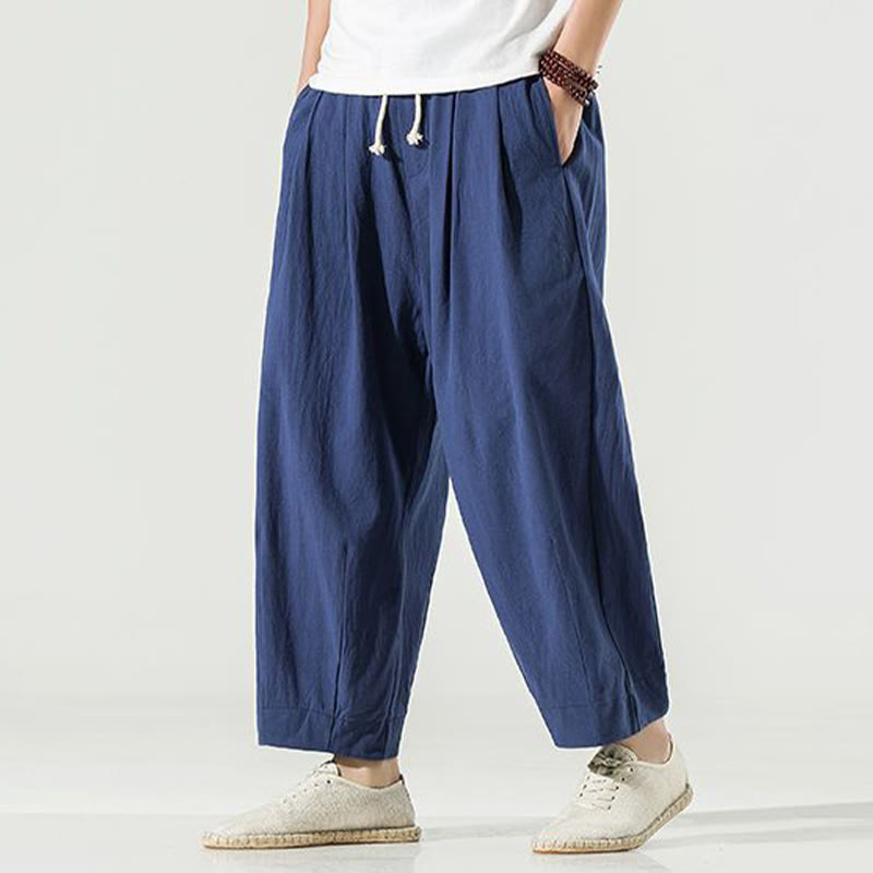 Pantalones harén de lino y algodón de color liso con diseño de Buddha Stones para hombre, hasta el tobillo, con bolsillos - Azul acero - US/UK/AU46, EU56 (5XL) - image 0