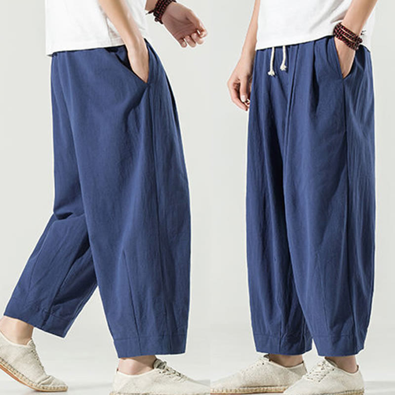 Pantalones harén de lino y algodón de color liso con diseño de Buddha Stones para hombre, hasta el tobillo, con bolsillos - image 7