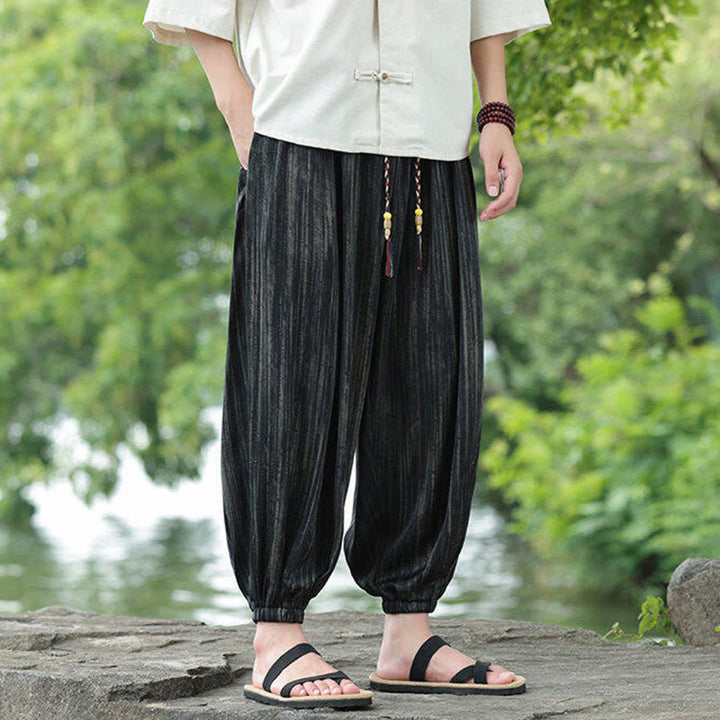 Pantalones harén con cordón y bolsillos para hombre, de verano, con rayas negras y Buddha Stones - image 5