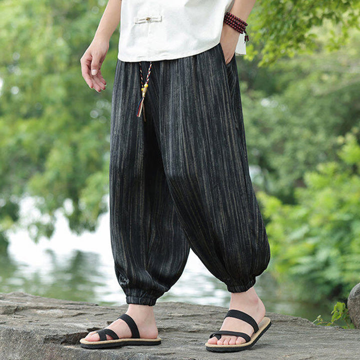 Pantalones harén con cordón y bolsillos para hombre, de verano, con rayas negras y Buddha Stones - image 8