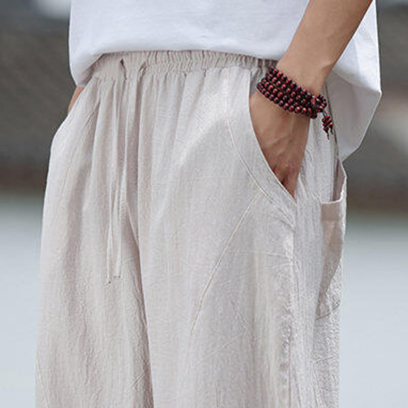 Pantalones de lino y algodón con cintura elástica y bolsillos para hombre con diseño de Buddha Stones - image 9