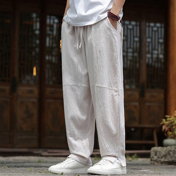 Pantalones de lino y algodón con cintura elástica y bolsillos para hombre con diseño de Buddha Stones - image 6