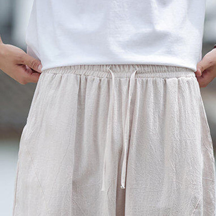 Pantalones de lino y algodón con cintura elástica y bolsillos para hombre con diseño de Buddha Stones - image 8