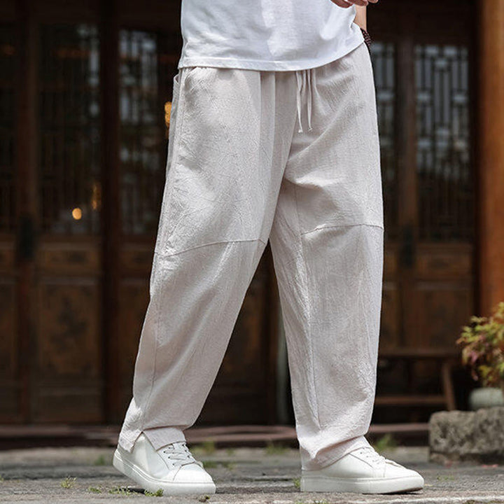Pantalones de lino y algodón con cintura elástica y bolsillos para hombre con diseño de Buddha Stones - image 3