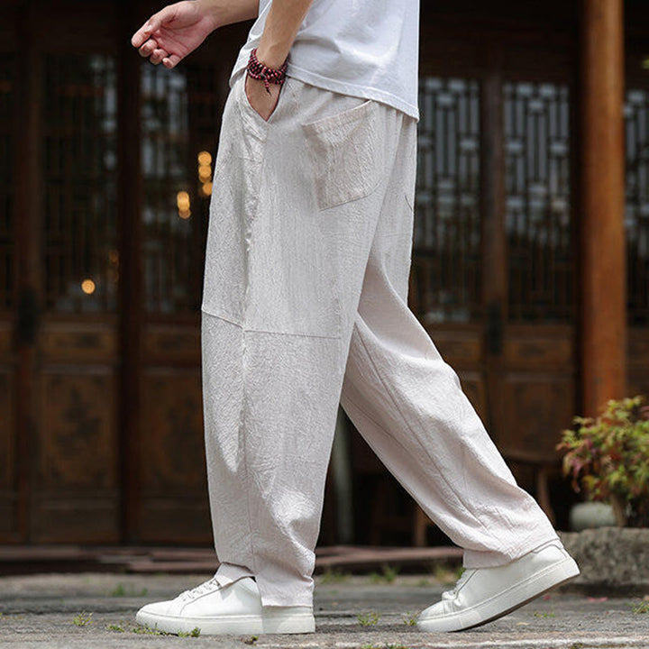Pantalones de lino y algodón con cintura elástica y bolsillos para hombre con diseño de Buddha Stones - image 5
