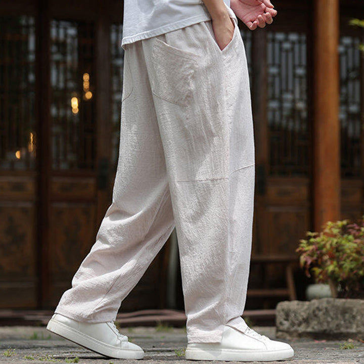 Pantalones de lino y algodón con cintura elástica y bolsillos para hombre con diseño de Buddha Stones - image 2