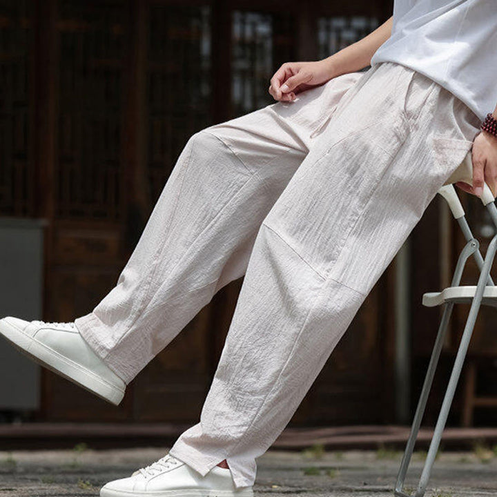 Pantalones de lino y algodón con cintura elástica y bolsillos para hombre con diseño de Buddha Stones - image 7