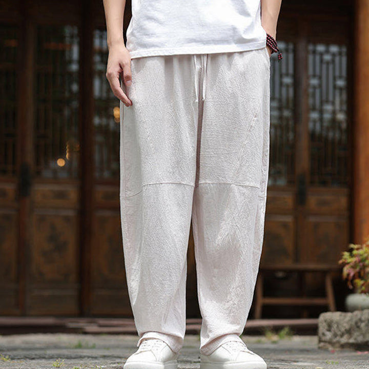 Pantalones de lino y algodón con cintura elástica y bolsillos para hombre con diseño de Buddha Stones - image 1