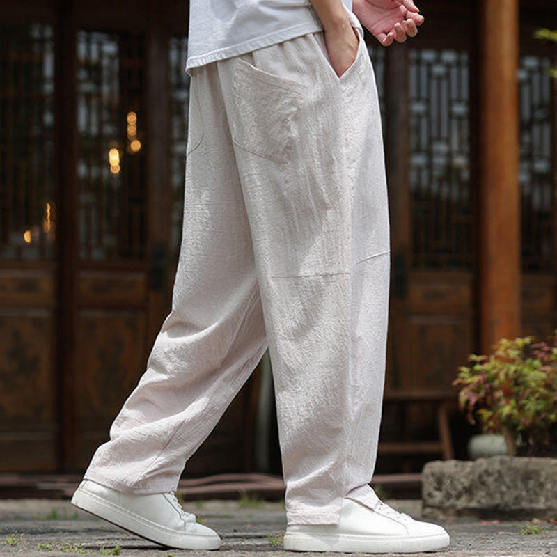 Pantalones de lino y algodón con cintura elástica y bolsillos para hombre con diseño de Buddha Stones - image 2