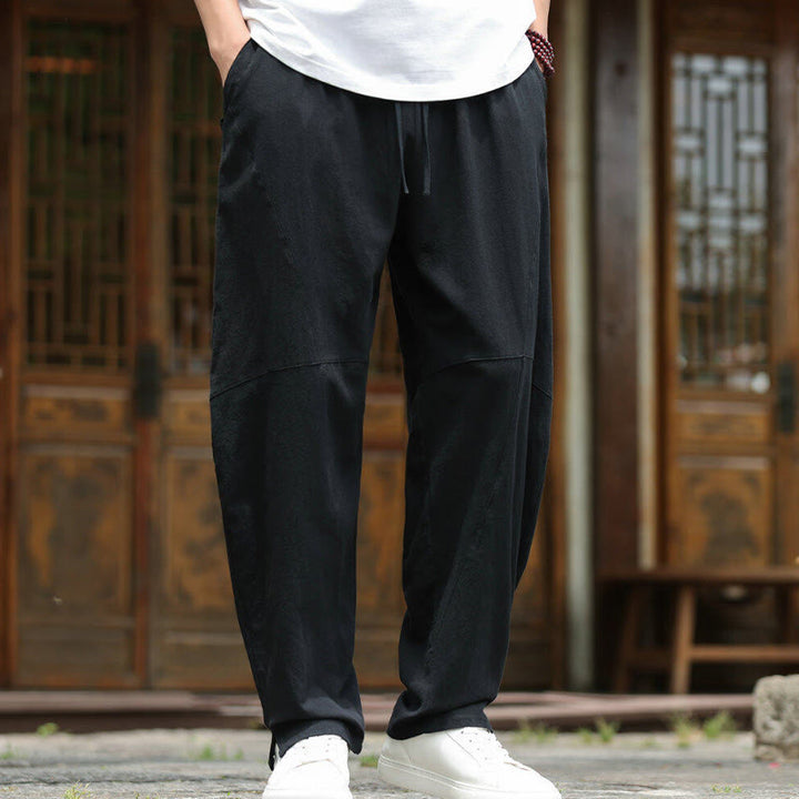 Pantalones de lino y algodón con cintura elástica y bolsillos para hombre con diseño de Buddha Stones - image 15