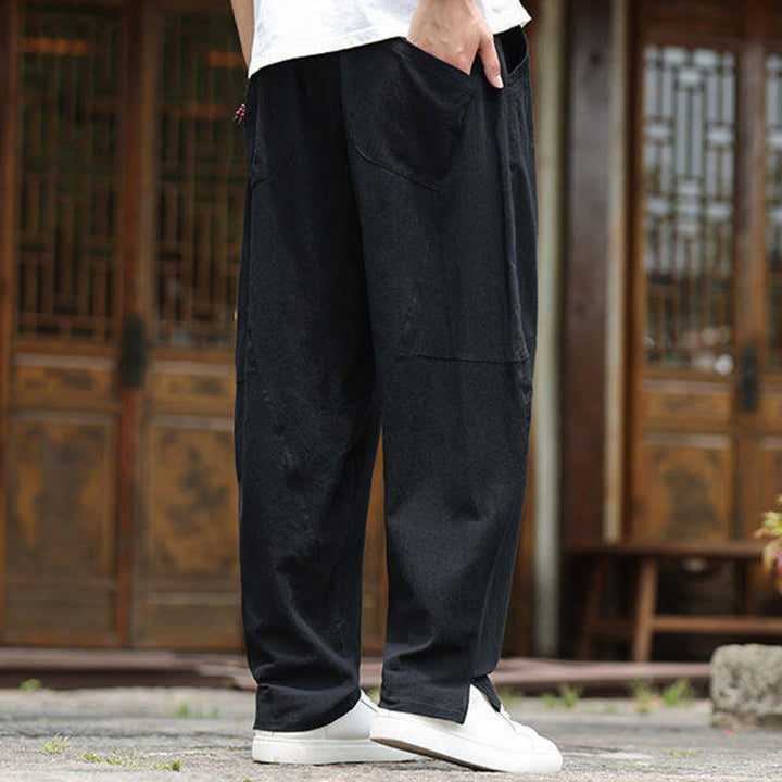 Pantalones de lino y algodón con cintura elástica y bolsillos para hombre con diseño de Buddha Stones - image 13