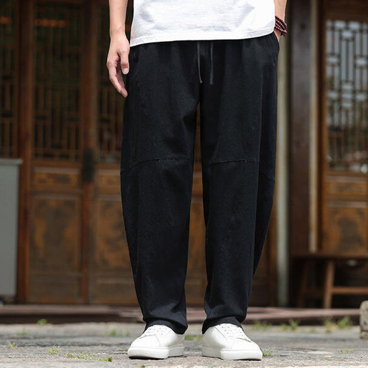Pantalones de lino y algodón con cintura elástica y bolsillos para hombre con diseño de Buddha Stones - image 17