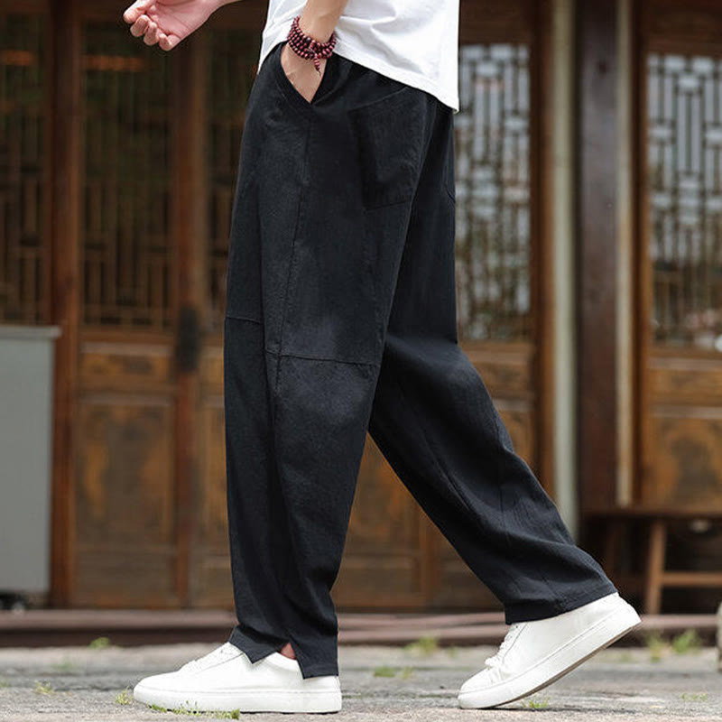 Pantalones de lino y algodón con cintura elástica y bolsillos para hombre con diseño de Buddha Stones - image 12