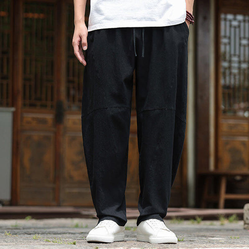 Pantalones de lino y algodón con cintura elástica y bolsillos para hombre con diseño de Buddha Stones - image 17