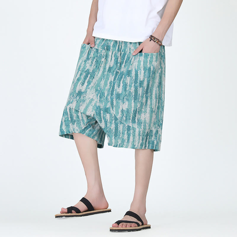 Pantalones capri de lino y algodón con rayas de verano Buddha Stones para hombre con bolsillos - Cadete Azul - US/UK/AU46, EU56 (5XL) - image 1