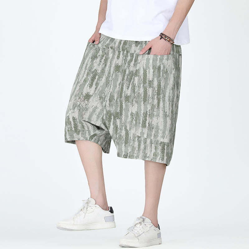 Pantalones capri de lino y algodón con rayas de verano Buddha Stones para hombre con bolsillos - Verde mar oscuro - US/UK/AU46, EU56 (5XL) - image 7