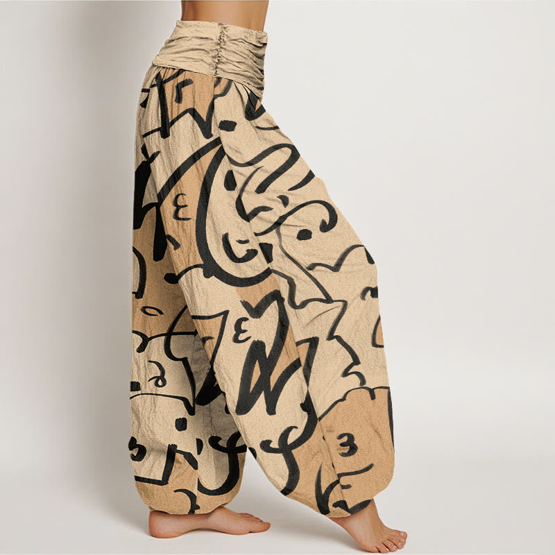 Pantalones harén con cintura elástica para mujer, con estampado de líneas garabateadas divertidas e informales de Buddha Stones - image 3