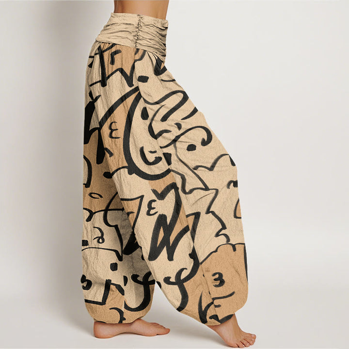 Pantalones harén con cintura elástica para mujer, con estampado de líneas garabateadas divertidas e informales de Buddha Stones - image 3