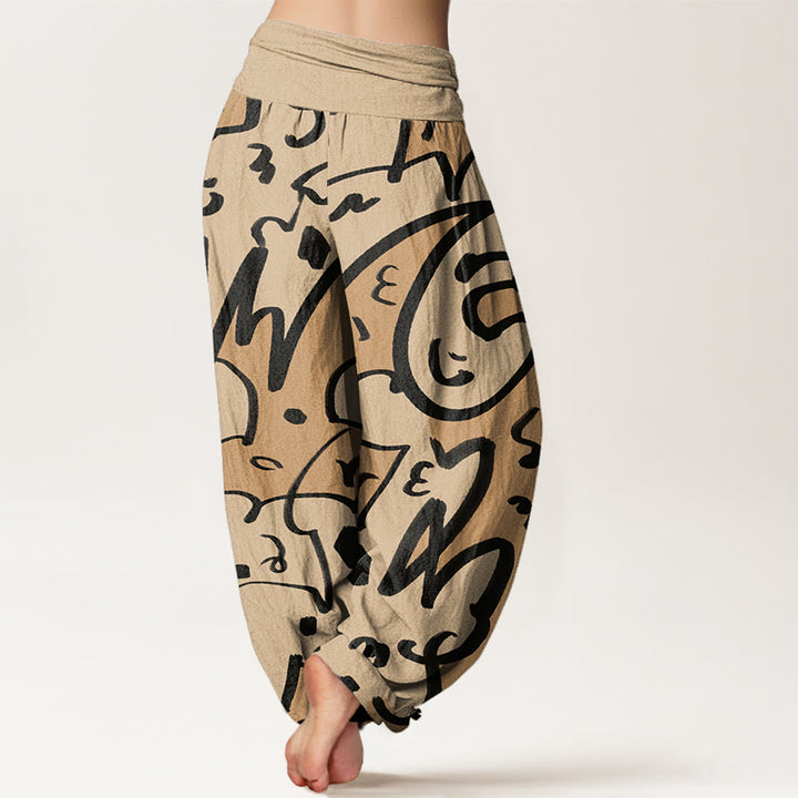Pantalones harén con cintura elástica para mujer, con estampado de líneas garabateadas divertidas e informales de Buddha Stones - image 2