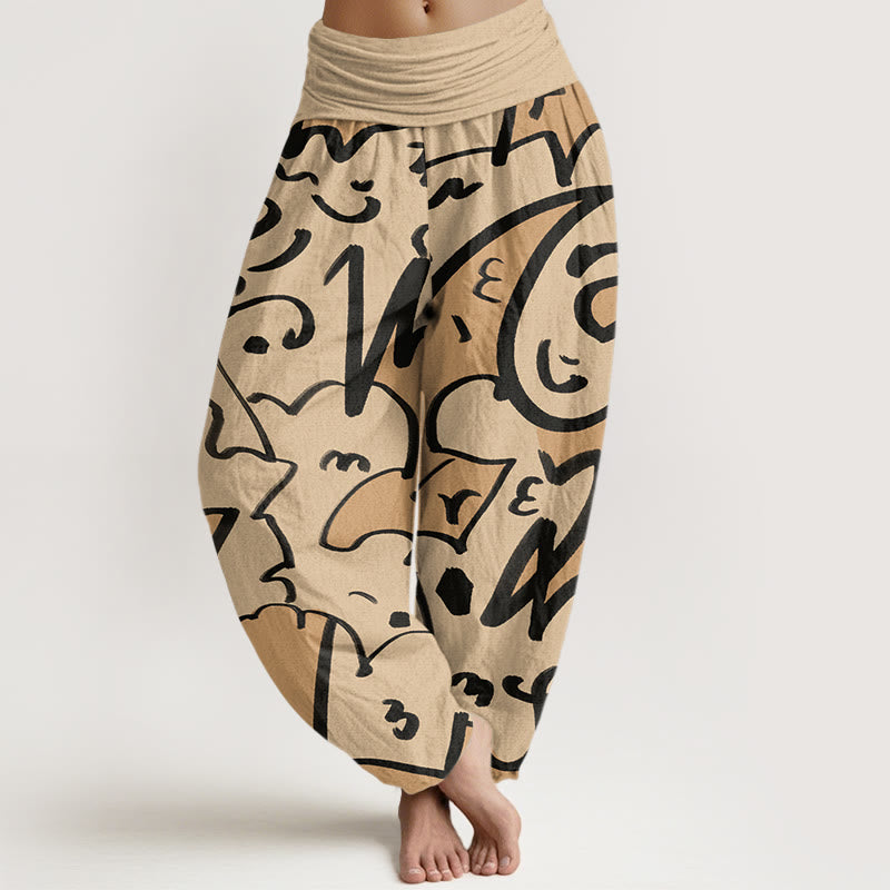Pantalones harén con cintura elástica para mujer, con estampado de líneas garabateadas divertidas e informales de Buddha Stones - Vara de oro pálida - US22，UK/AU26，EU54 (6XL) - image 1