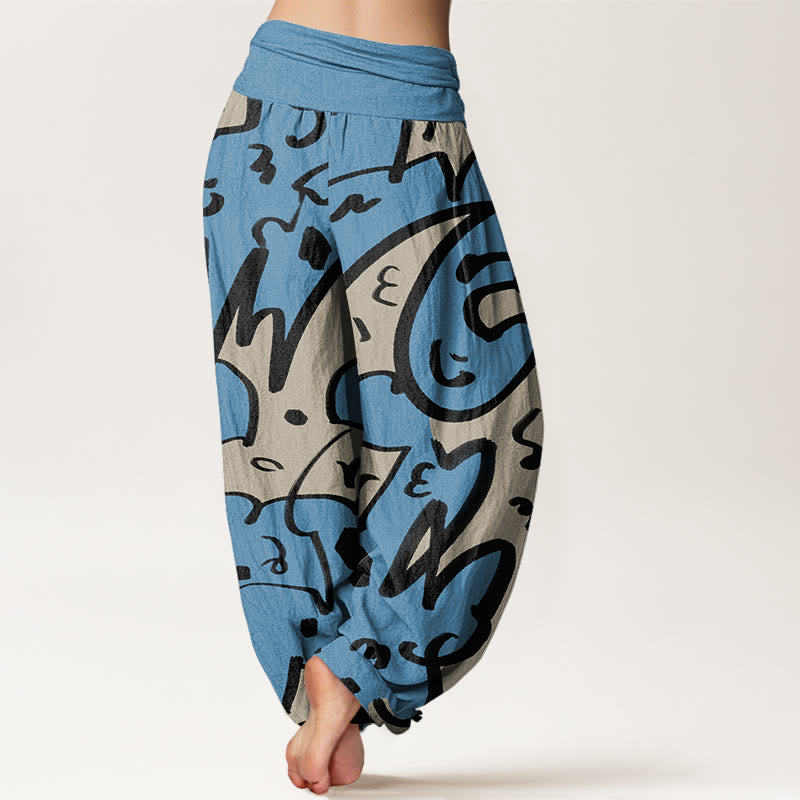 Pantalones harén con cintura elástica para mujer, con estampado de líneas garabateadas divertidas e informales de Buddha Stones - image 6