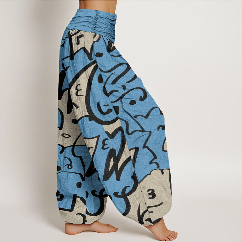 Pantalones harén con cintura elástica para mujer, con estampado de líneas garabateadas divertidas e informales de Buddha Stones - image 7